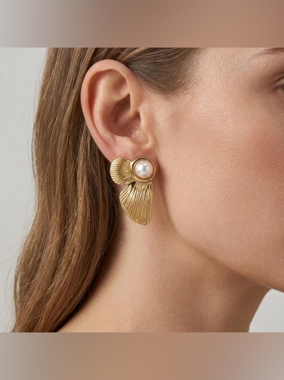 Gold Pearl Stud Earrings Stainless Steel Waterproof Women’s OS NWT
